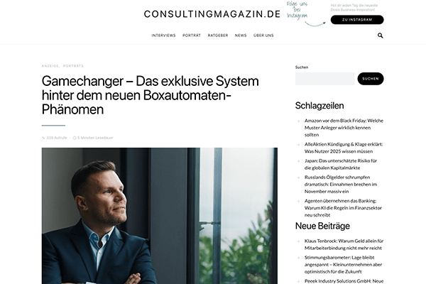 ConsultingMagazin über das Gamechanger System von Nick van der Falk – exklusives System hinter dem Boxautomat-Phänomen