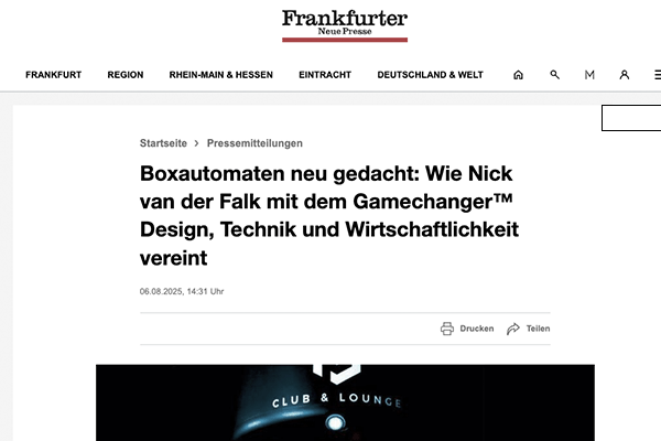 Pressebild der Frankfurter Neuen Presse über Nick van der Falk und den Gamechanger Series 3 Boxautomaten von SilentStrike